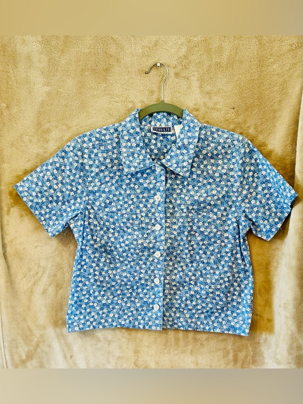 Erika & Co Petites Blue Floral Button Front Crop Top Shirt PM Cotton